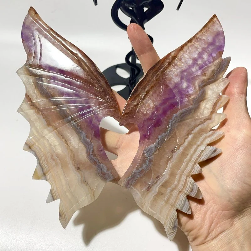 2 Pairs Amethyst Mixed Striped Agate Demon And Angel Wing Carving With Stand - Image 5