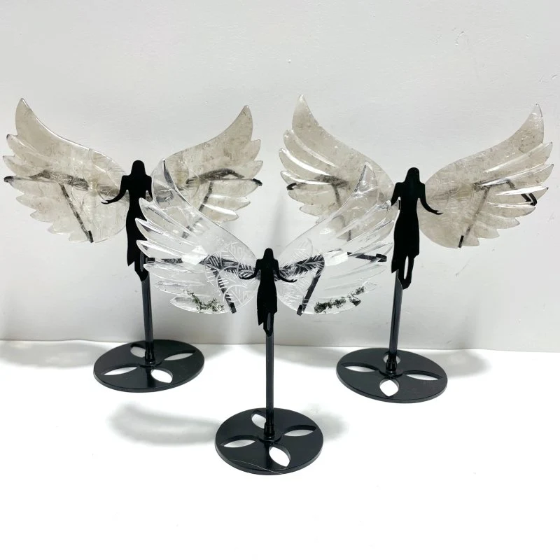 3 Pairs Angel Wing Carving With Stand Clear Quartz Smoky Quartz