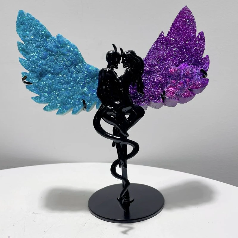 Aura Quartz Cluster Demon And Angel Wing Carving With Stand
