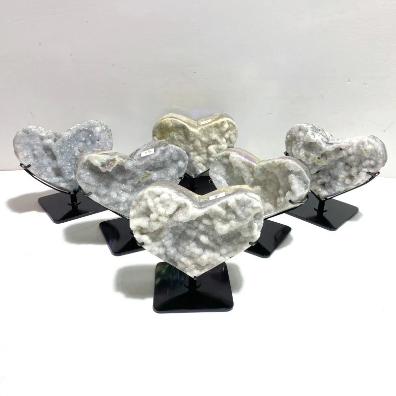 6 Pieces Aura Quartz Cluster Heart With Stand #1