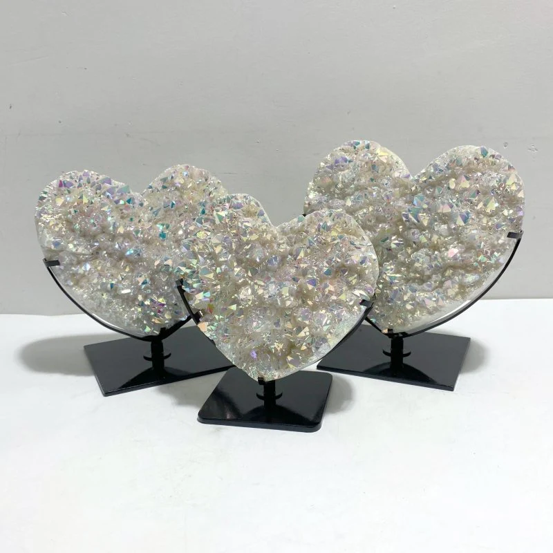 3 Pieces Aura Quartz Cluster Heart With Stand #11