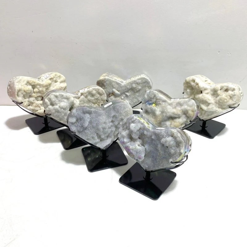7 Pieces Aura Quartz Cluster Heart With Stand #3