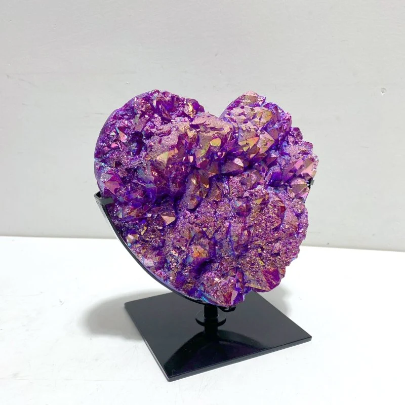 2 Pieces Aura Purple Quartz Cluster Heart With Stand #9 - Image 4