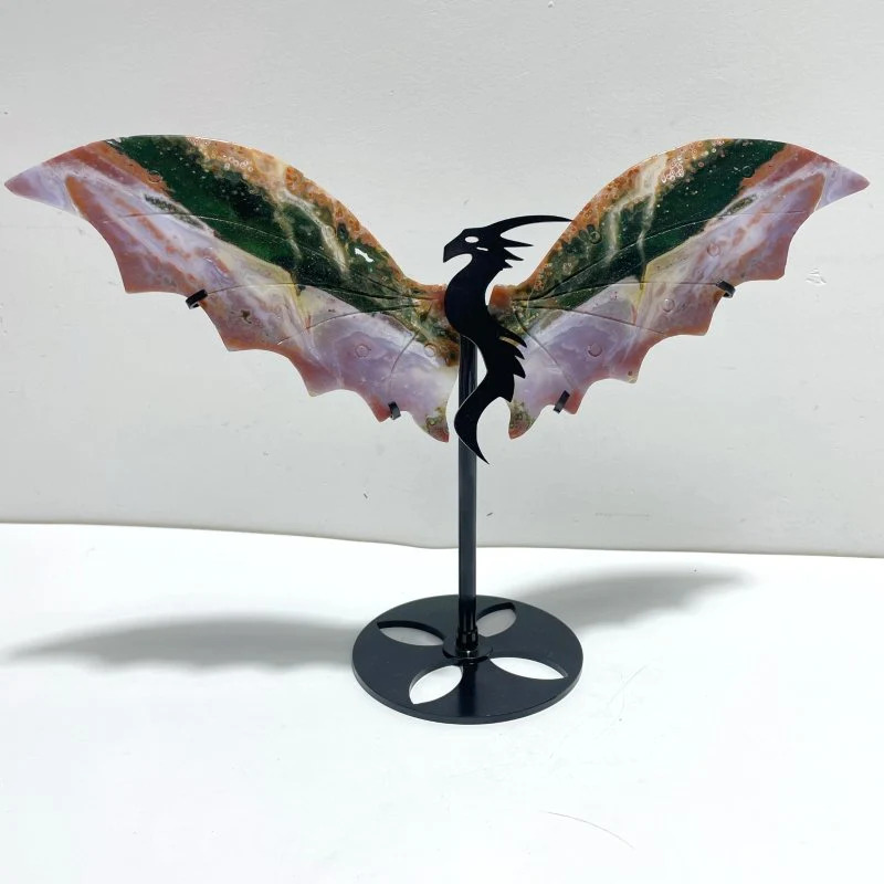 Beautiful 8th Vein Ocean Jasper Flying Dragon Wing Carving With Stand