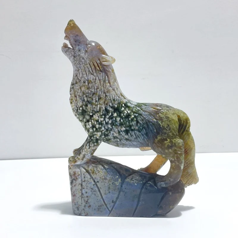 Beautiful 8th Vein Ocean Jasper Wolf Carving