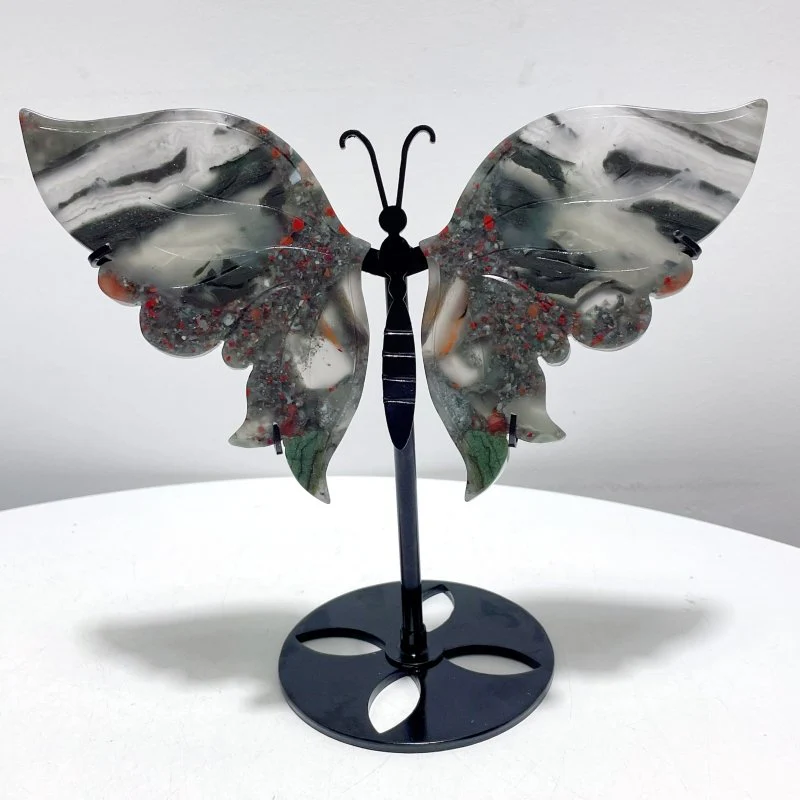 Africa Blood Stone Butterfly Wing Carving With Stand