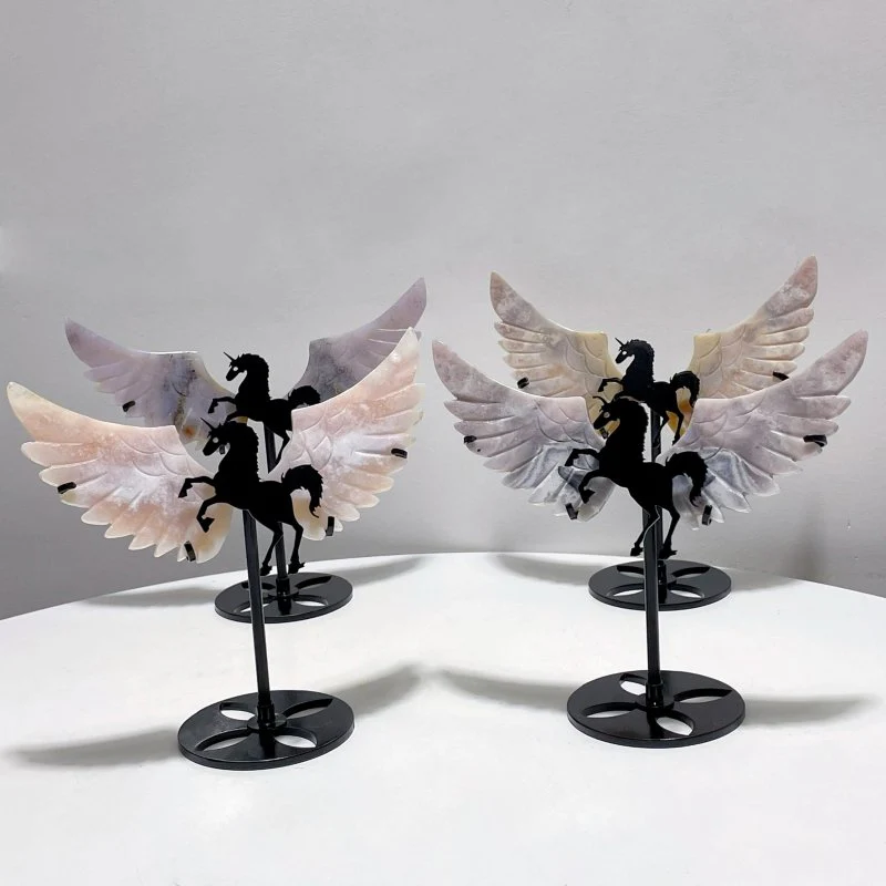 4 Pairs Beautiful Agate Small Pegasus Wing Carving With Stand