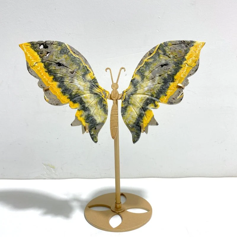 Beautiful Bumble Bee Stone Jasper Butterfly Wing Carving With Stand