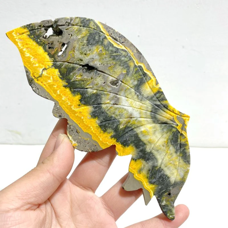 Beautiful Bumble Bee Stone Jasper Butterfly Wing Carving With Stand - Image 3