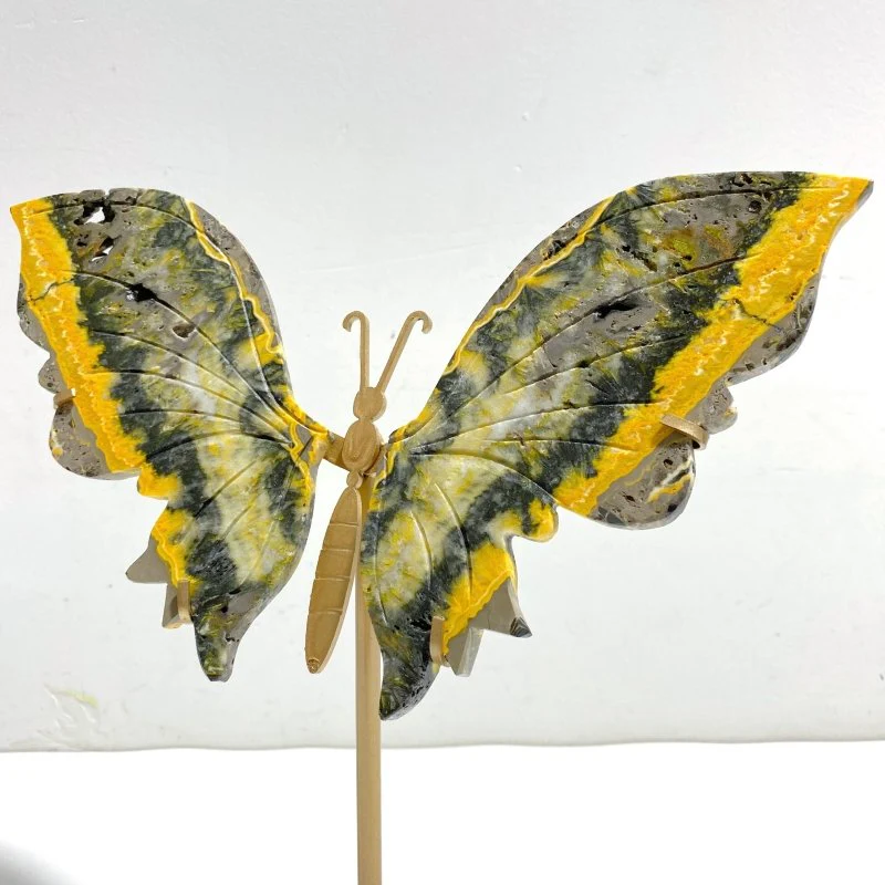 Beautiful Bumble Bee Stone Jasper Butterfly Wing Carving With Stand - Image 5