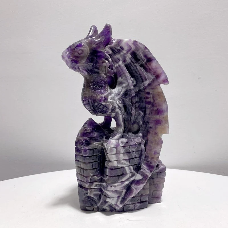 Large Chevron Amethyst Dragon With Castle Carving