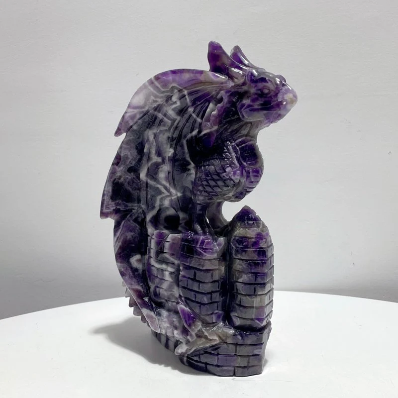 Large Chevron Amethyst Dragon With Castle Carving - Image 3