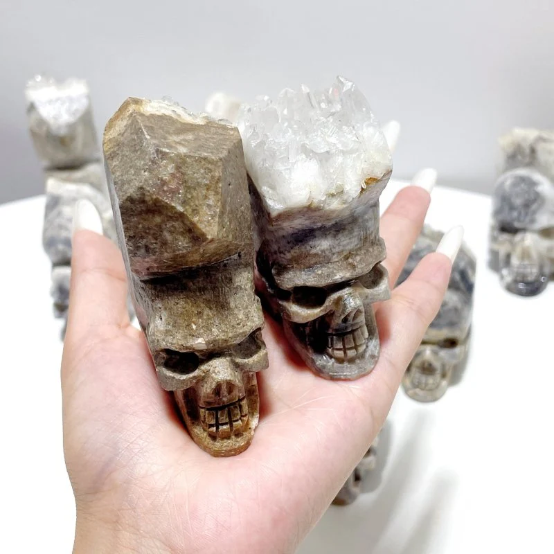 9 Pieces Clear Quartz Cluster Indian Skull Carving - Image 4