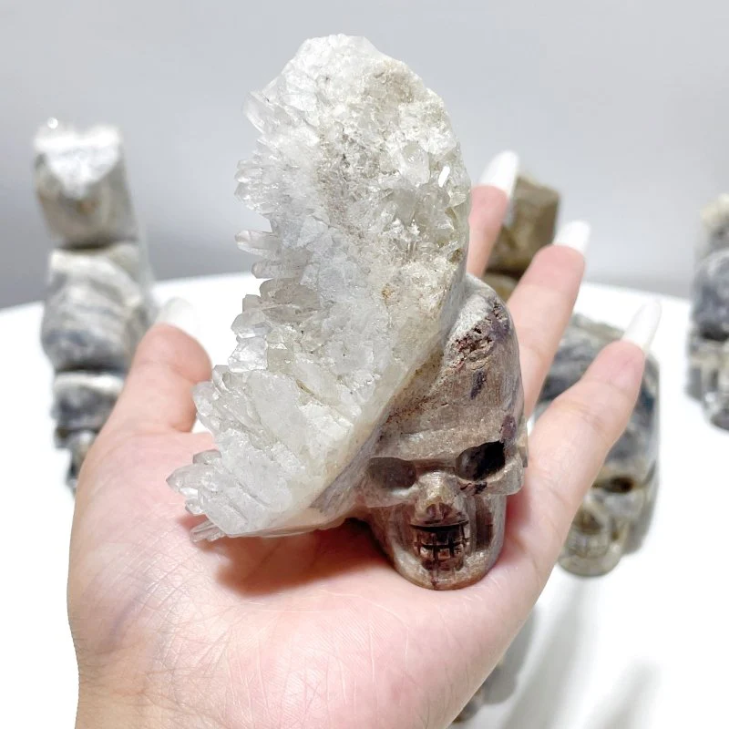 9 Pieces Clear Quartz Cluster Indian Skull Carving - Image 5