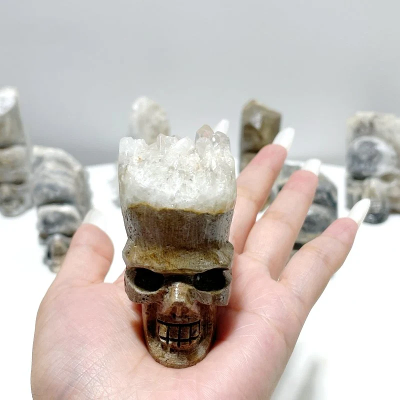 9 Pieces Clear Quartz Cluster Indian Skull Carving - Image 7