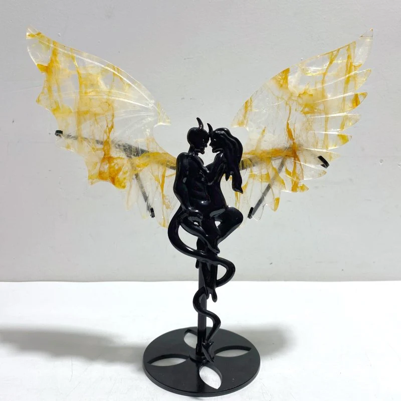 Beautiful Hematoid Quartz Golden Fire Quartz Demon And Angel Wing Carving With Stand