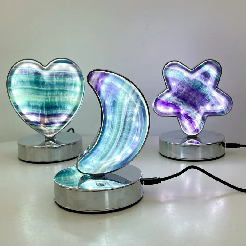Beautiful Fluorite LED Table Lamp Flower Moon & Heart Shape - Image 3