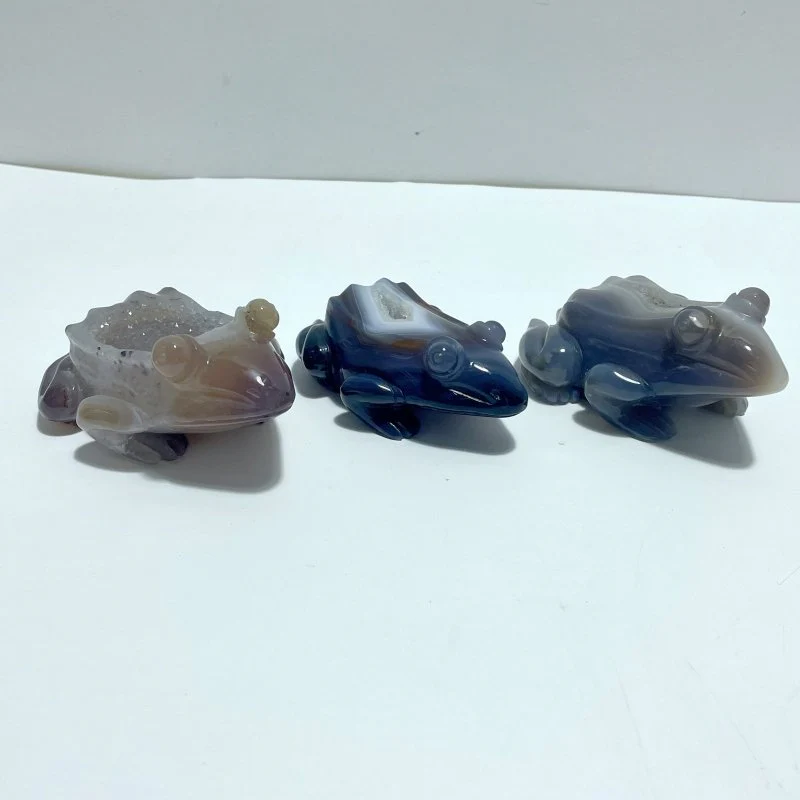 3 Pieces Large Beautiful Geode Druzy Agate Frog Carving - Image 2