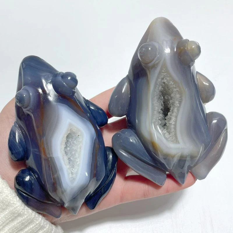 3 Pieces Large Beautiful Geode Druzy Agate Frog Carving - Image 5