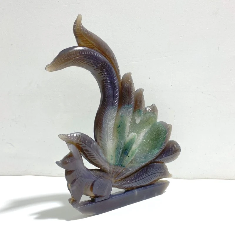 Beautiful Geode Druzy Agate Nine-tailed Fox Carving #1 - Image 2