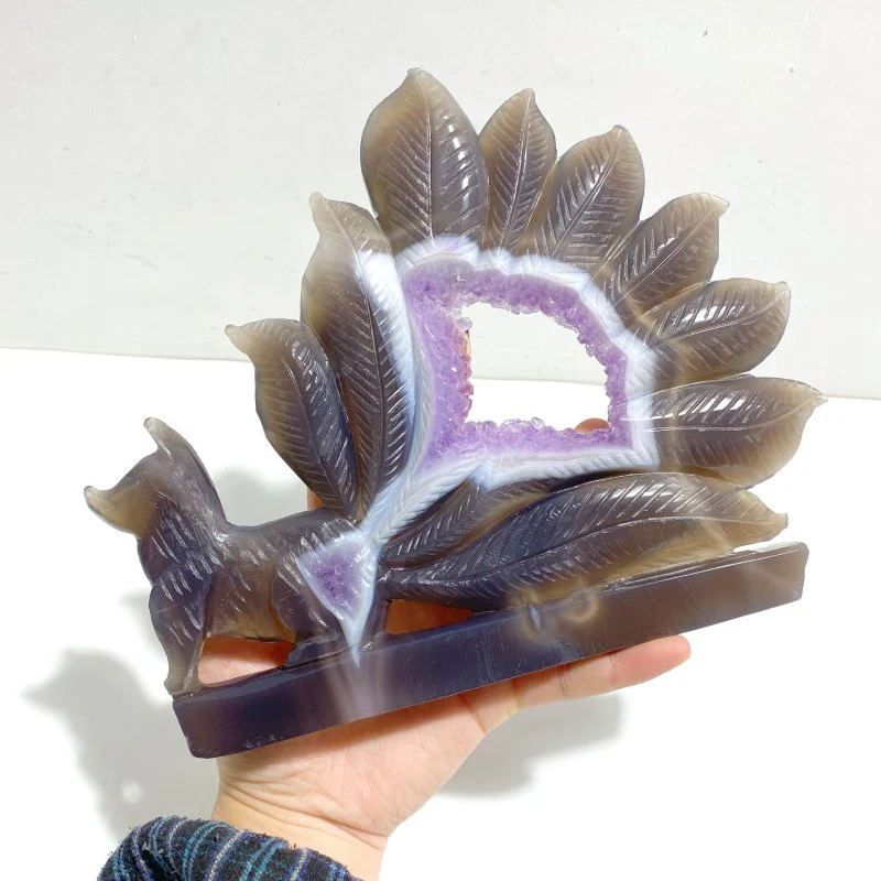 Beautiful Geode Druzy Agate Nine-tailed Fox Carving #4 - Image 5
