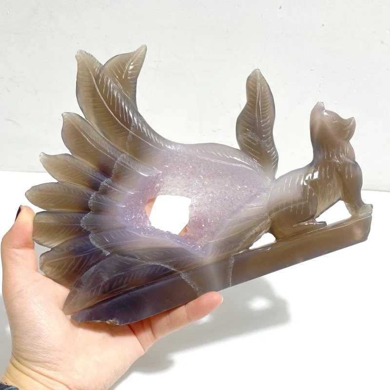 Beautiful Geode Druzy Agate Nine-tailed Fox Carving #5 - Image 5