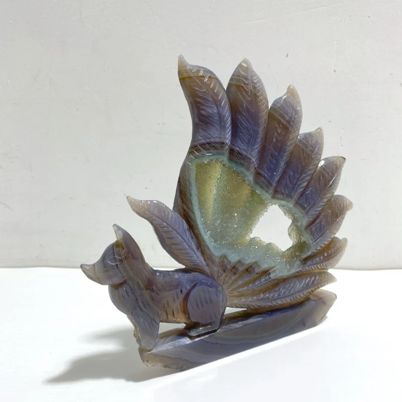 Beautiful Geode Druzy Agate Nine-tailed Fox Carving #7 - Image 2