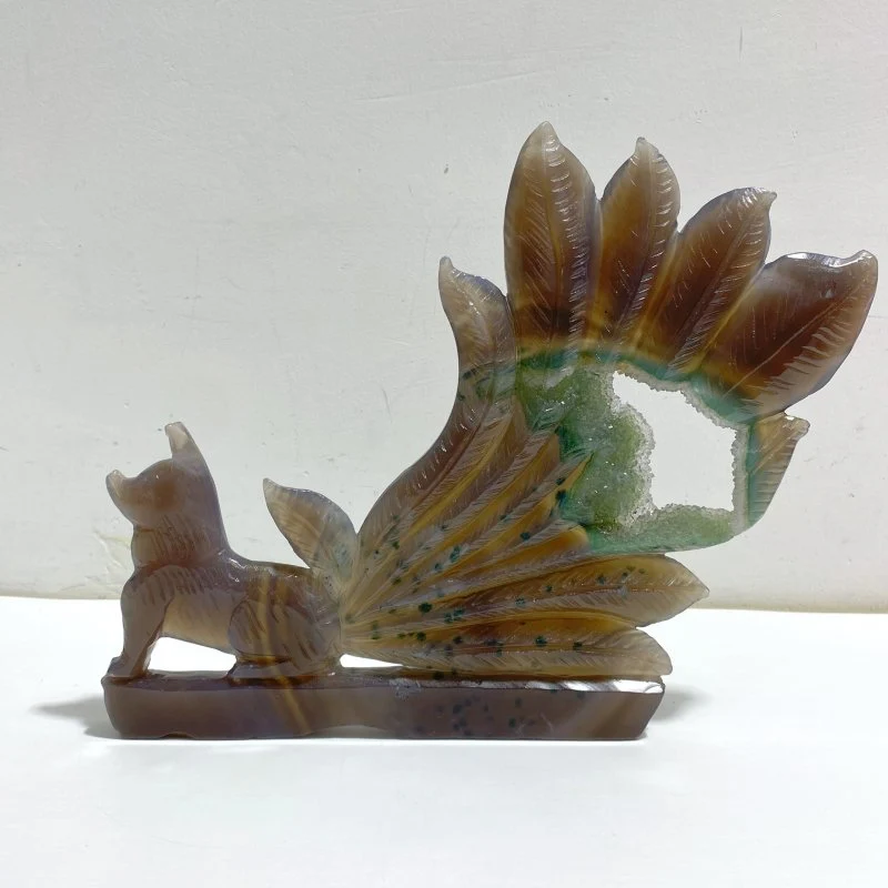 Beautiful Geode Druzy Agate Nine-tailed Fox Carving #9