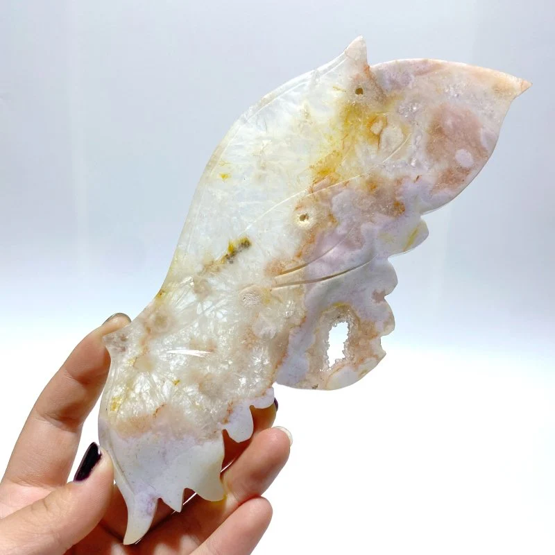 Beautiful Geode Sakura Flower Agate Butterfly Wing Carving With Stand - Image 5