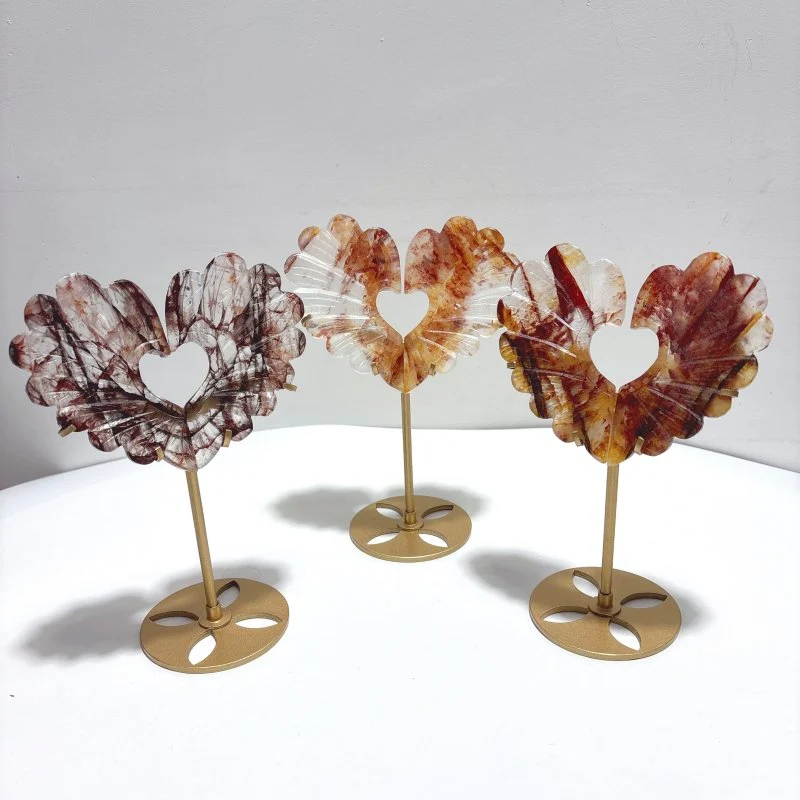 3 Pieces Beautiful Fire Quartz Heart Wing Carving With Stand