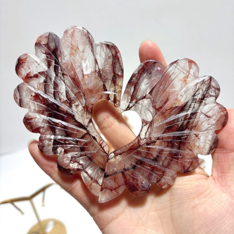 3 Pieces Beautiful Fire Quartz Heart Wing Carving With Stand - Image 2