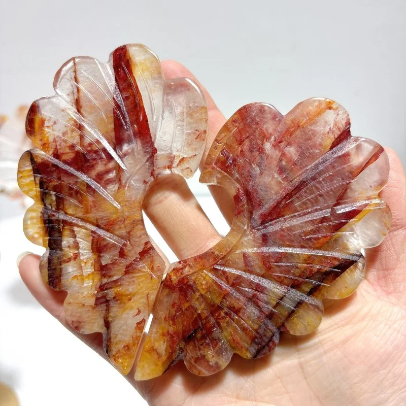 3 Pieces Beautiful Fire Quartz Heart Wing Carving With Stand - Image 5