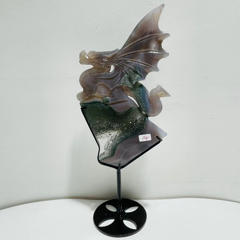 Beautiful Green Agate Dragon Geode Carving Wing With Stand
