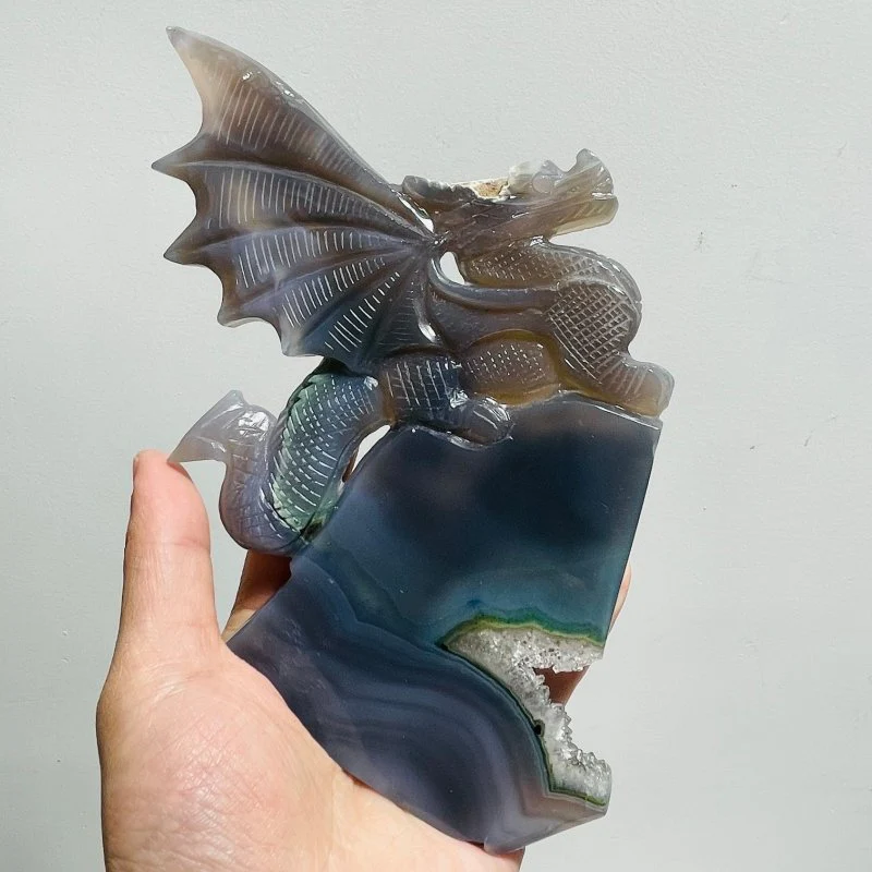 Beautiful Green Agate Dragon Geode Carving Wing With Stand - Image 2
