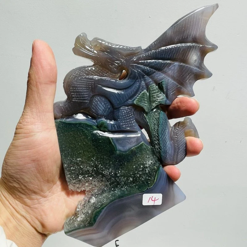 Beautiful Green Agate Dragon Geode Carving Wing With Stand - Image 3