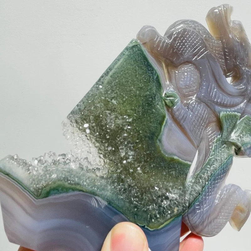 Beautiful Green Agate Dragon Geode Carving Wing With Stand - Image 4