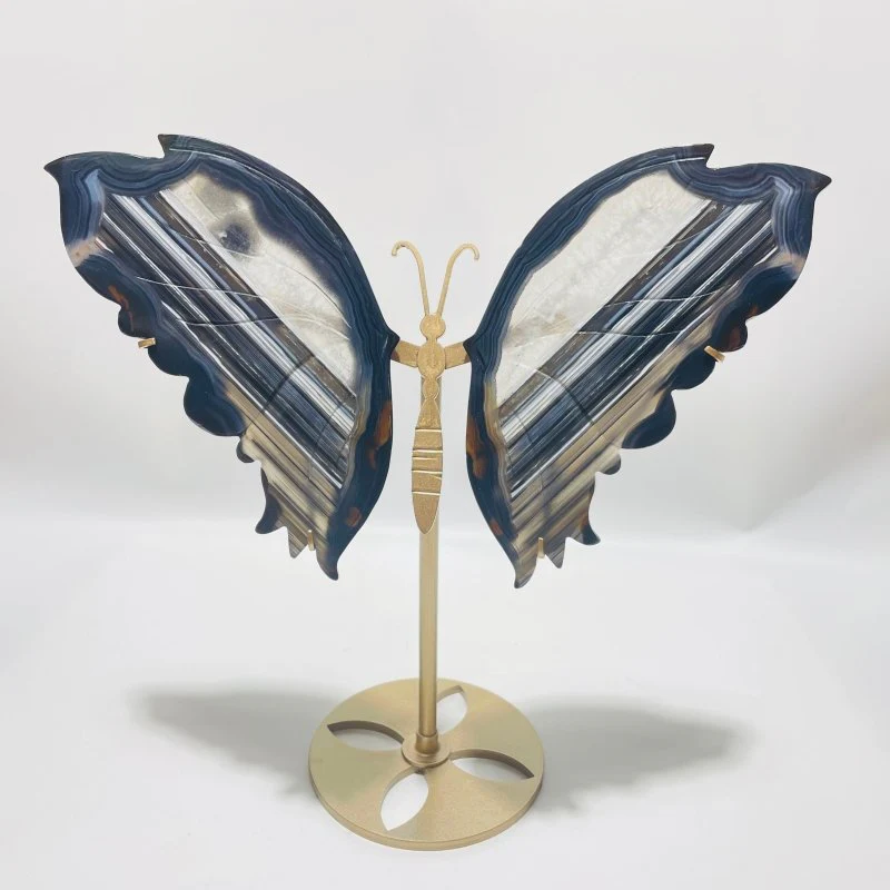 3 Pairs Beautiful Grey Stripe Agate Butterfly Carving With Stand - Image 2
