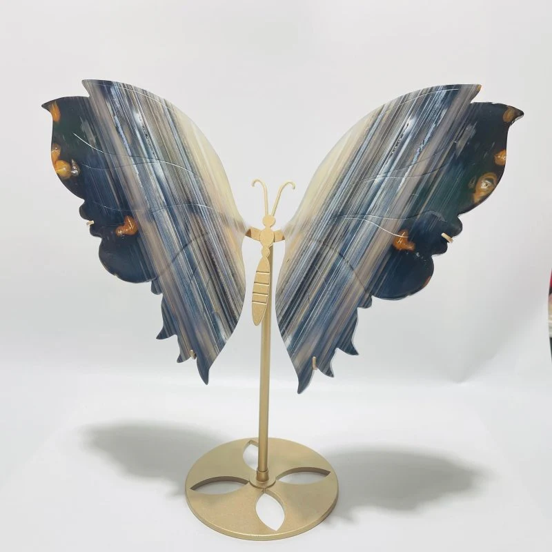 3 Pairs Beautiful Grey Stripe Agate Butterfly Carving With Stand - Image 3