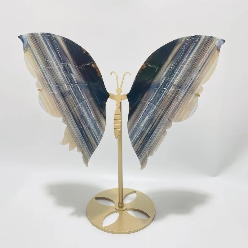 3 Pairs Beautiful Grey Stripe Agate Butterfly Carving With Stand - Image 4