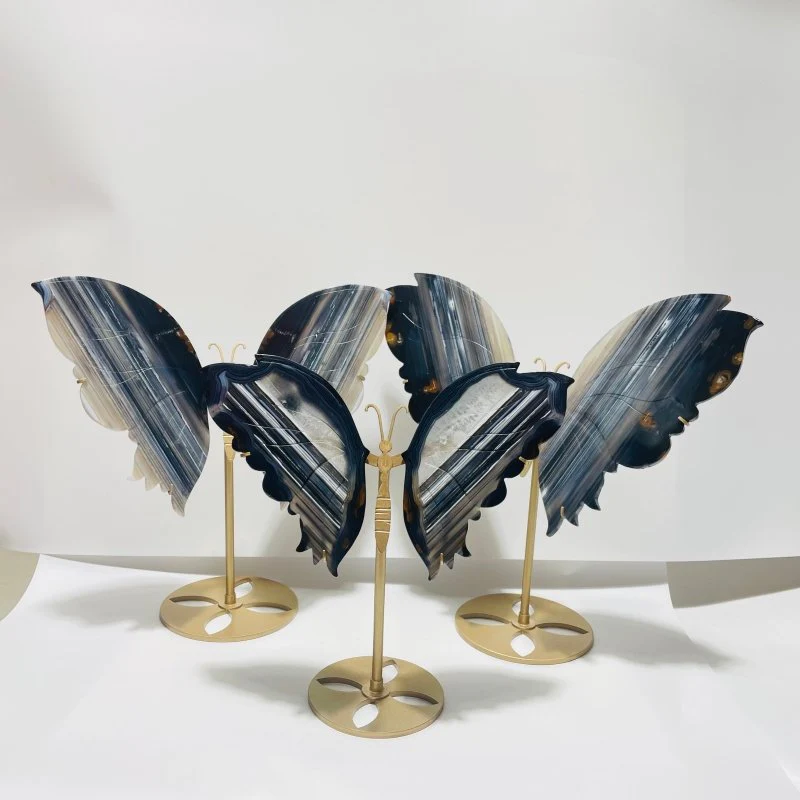 3 Pairs Beautiful Grey Stripe Agate Butterfly Carving With Stand - Image 5