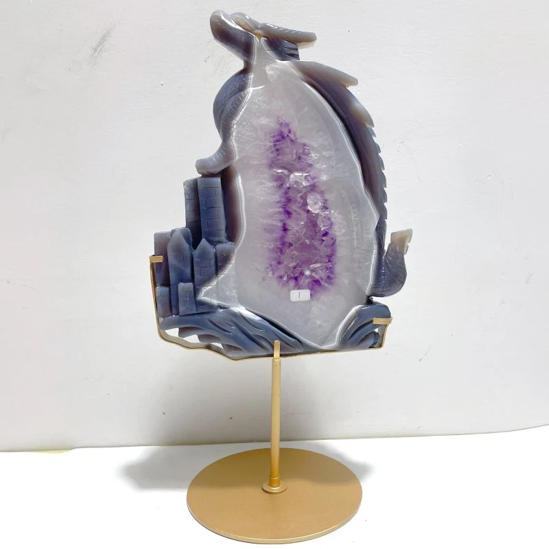 Beautiful Large Amethyst Mixed Geode Agate Flying Dragon Castle Carving With Stand