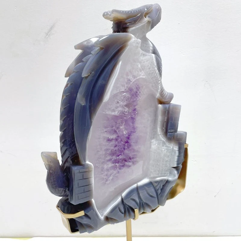 Beautiful Large Amethyst Mixed Geode Agate Flying Dragon Castle Carving With Stand - Image 3