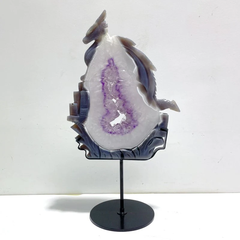 Beautiful Large Amethyst Mixed Geode Druzy Agate Flying Dragon Castle Carving With Stand