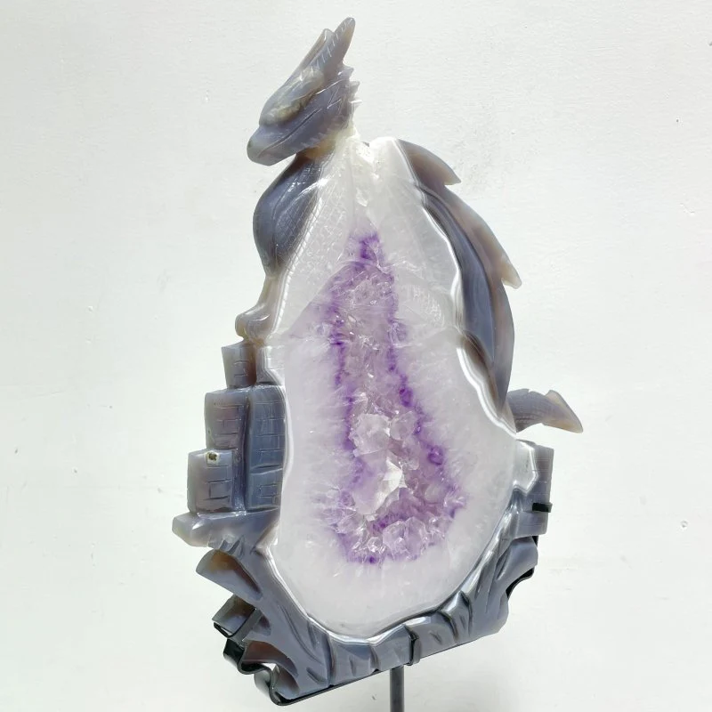 Beautiful Large Amethyst Mixed Geode Druzy Agate Flying Dragon Castle Carving With Stand - Image 2