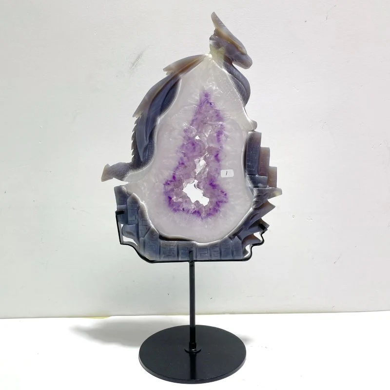 Beautiful Large Amethyst Mixed Geode Druzy Agate Flying Dragon Castle Carving With Stand - Image 3