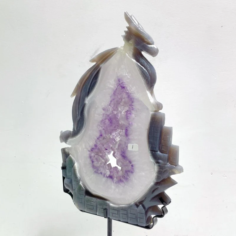 Beautiful Large Amethyst Mixed Geode Druzy Agate Flying Dragon Castle Carving With Stand - Image 4