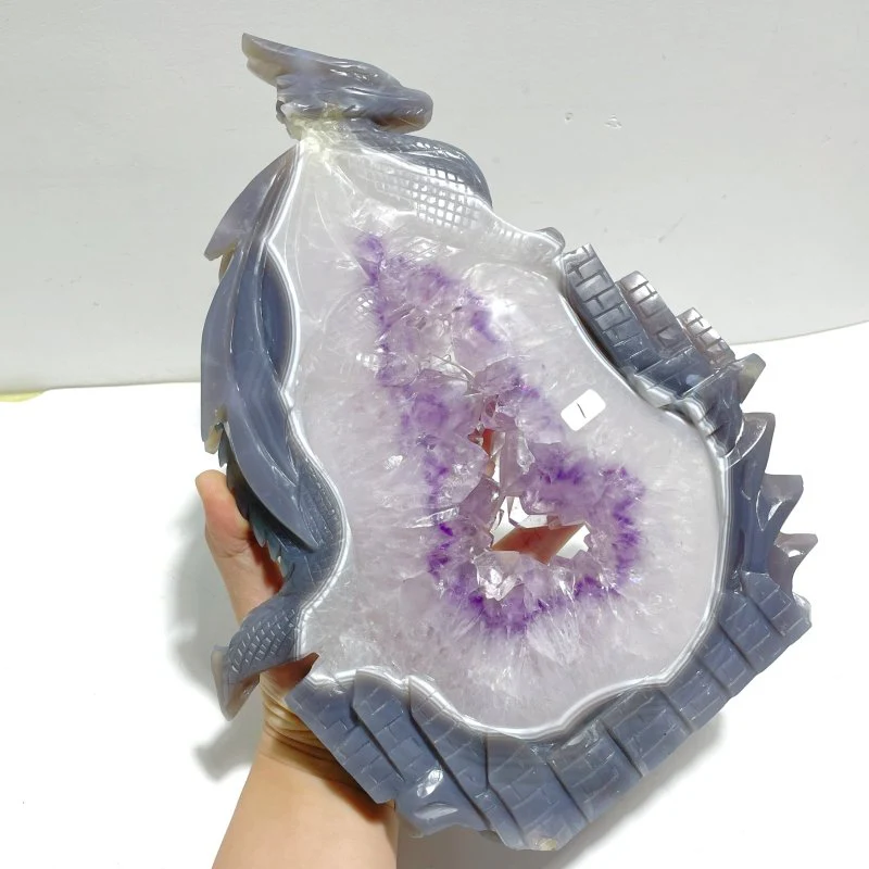 Beautiful Large Amethyst Mixed Geode Druzy Agate Flying Dragon Castle Carving With Stand - Image 5