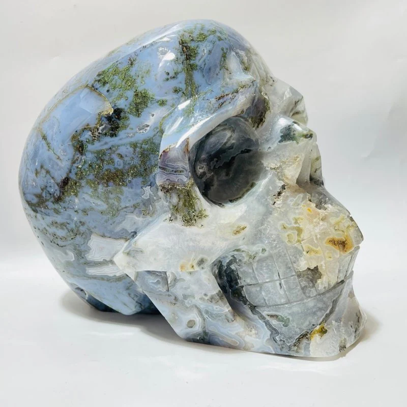 Large Geode Moss Agate Skull Carving - Image 3