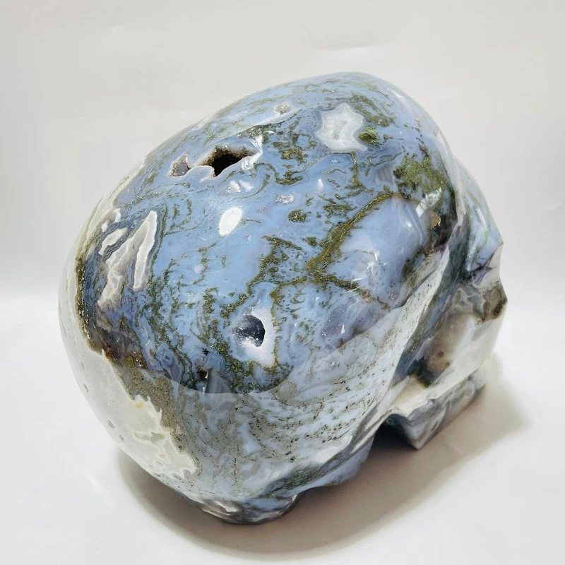 Large Geode Moss Agate Skull Carving - Image 4