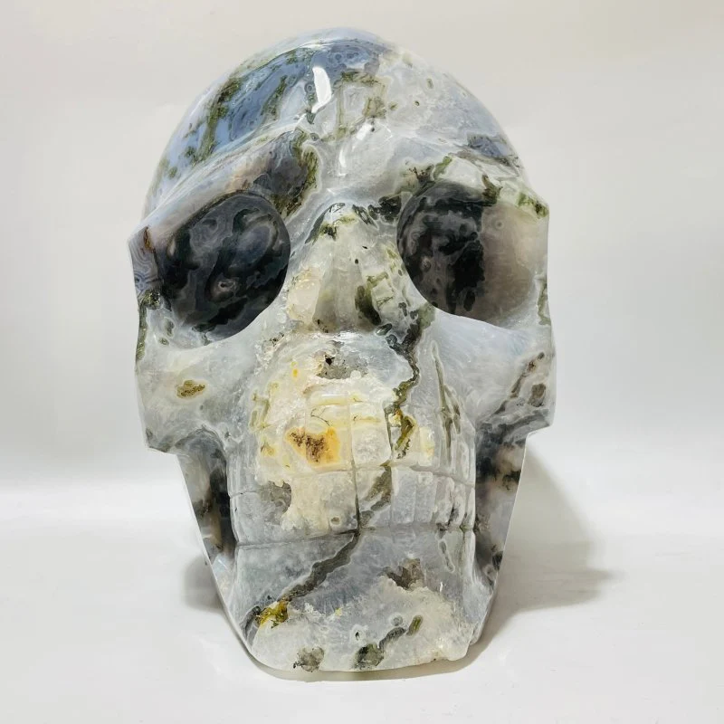 Large Geode Moss Agate Skull Carving - Image 5